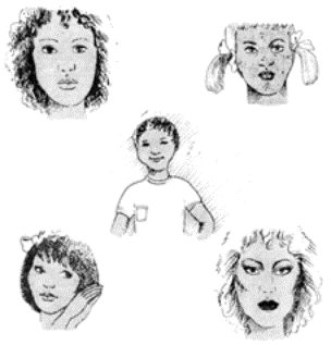 Drawing of five faces