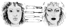 Drawing of two female faces iwth assorted hair and makeup products.