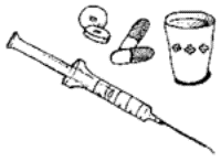 Drawing of a syringe, pills, and glass of water.