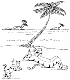 Drawing of the adult tiger lying under a palm tree while the small tiger plays.