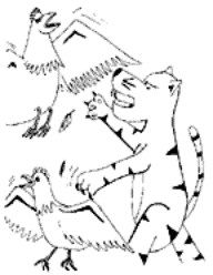 Drawing of one tiger chasing the birds.