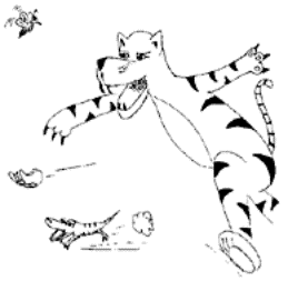 Drawing of the adult tiger chasing the lizard and butterflies.