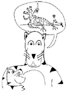 Drawing of the adult tiger telling the young tiger about defeating a dragon.