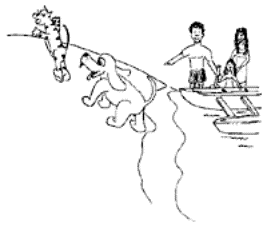 Drawing of a family in a canoe and a dog chasing a cat on the beach..