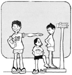Drawing of children standing in line to be weighed and measured.