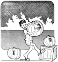 Drawing of a boy with three numbered pumpkins.
