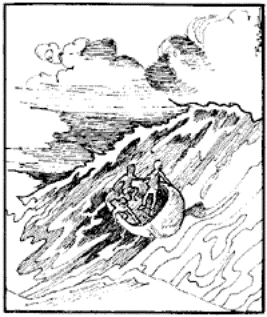 Drawing of people in a small boat being swampped by a large wave.