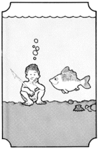 Drawing of a boy sitting on the bottom of the lake with a fish.