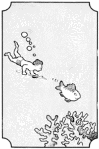 Drawing of the boy chasing the fish with a harpoon.