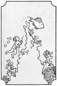 Drawing of the boy chasing a fish with a harpoon.