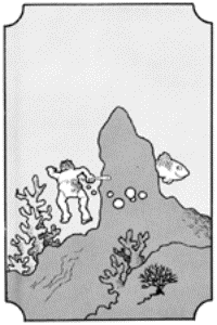 Drawing of the boy swimming around a rock to chase the fish.