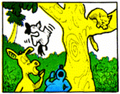 Drawing of the horse yawning, the dog yawning, the cat sleeping in a tree, and the rooster crowing.