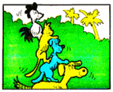 Drawing of the rooster standing on the back of the cat, who is standing on the back of the dog, who is standing on the back of the horse.