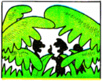 Drawing of the men speaking in the jungle.