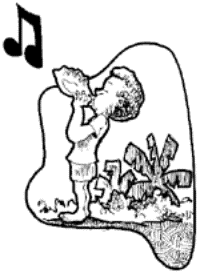 Drawing of a small boy blowing a conch shell