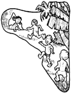 Drawing of severla small children running to a cave.