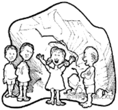 Drawing of several small children inside the cave.