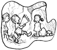 Drawing of children carrying straw into the cave.