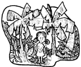 Drawing of a sad small girl in a tropical jungle.