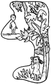 Drawing of a girl in the jungle calling to a boy in the jungle.