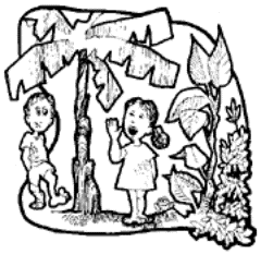Drawing of a small girl talking to a boy in the jungle.