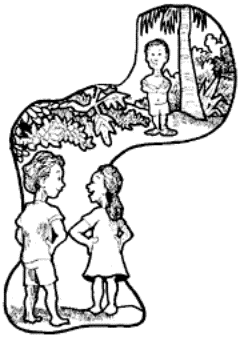 Drawing of two adults talking near the boy.