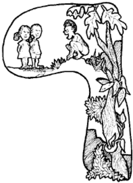 Drawing of a man speaking to two children.
