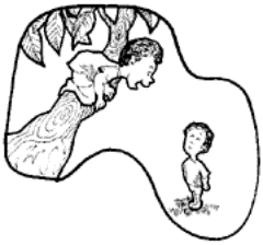 Drawing of a boy in a tree speaking to a boy on the ground.