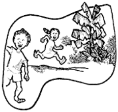 Drawing of two children running in the jungle.
