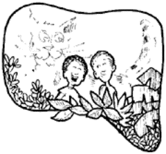 Drawing of two boys talking.