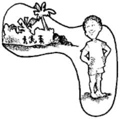 Drawing of a boy smiling and looking back at the jungle.
