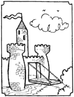 Drawing of a castle with lowered drawbridge.