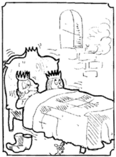 Drawing of Kind and Queen lying awake in bed.