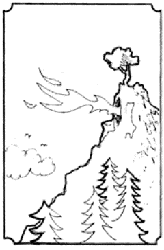 Drawing of flame erupting from a cave in a mountain.