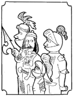 Drawing of several knights in armor.