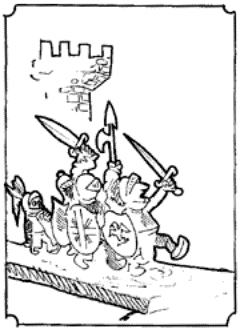 Drawing of several knights in armor marching from the castle.