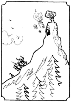 Drawing of smoke emitting from a cave in a mountain.