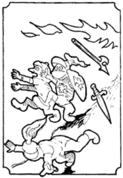 Drawing of several knights running from flames.