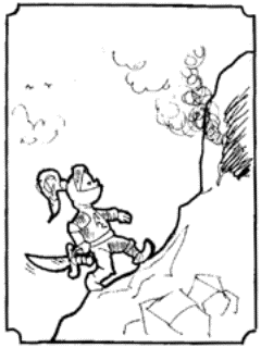Drawing of one small knight approaching the smoking cave.