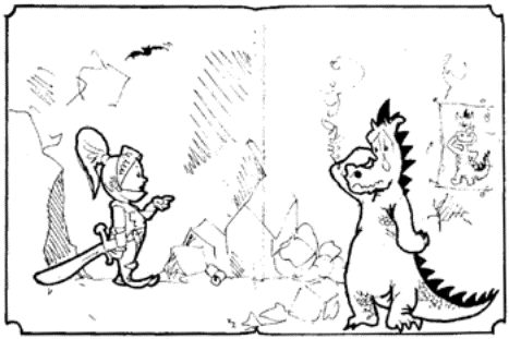 Drawing of small knight speaking to crying dragon in the cave.