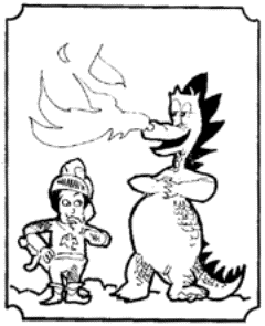 Drawing of a smiling knight and a smiling dragon with flames erupting from his snout.