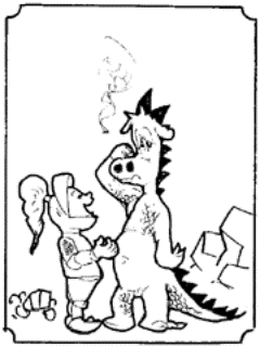 Drawing of a smiling knight speaking to a sad dragon.