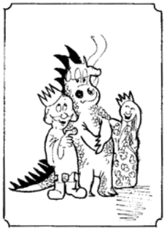 Drawing of the King and Queen hugging the dragon.