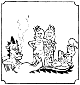 Drawing of dragon, King, Queen, and Knight