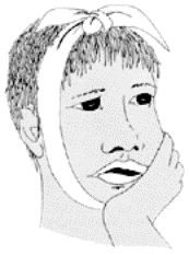 Drawing of young man with toothache and bandage around jaw.