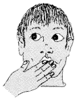 Drawing of young man with his hand over his mouth.